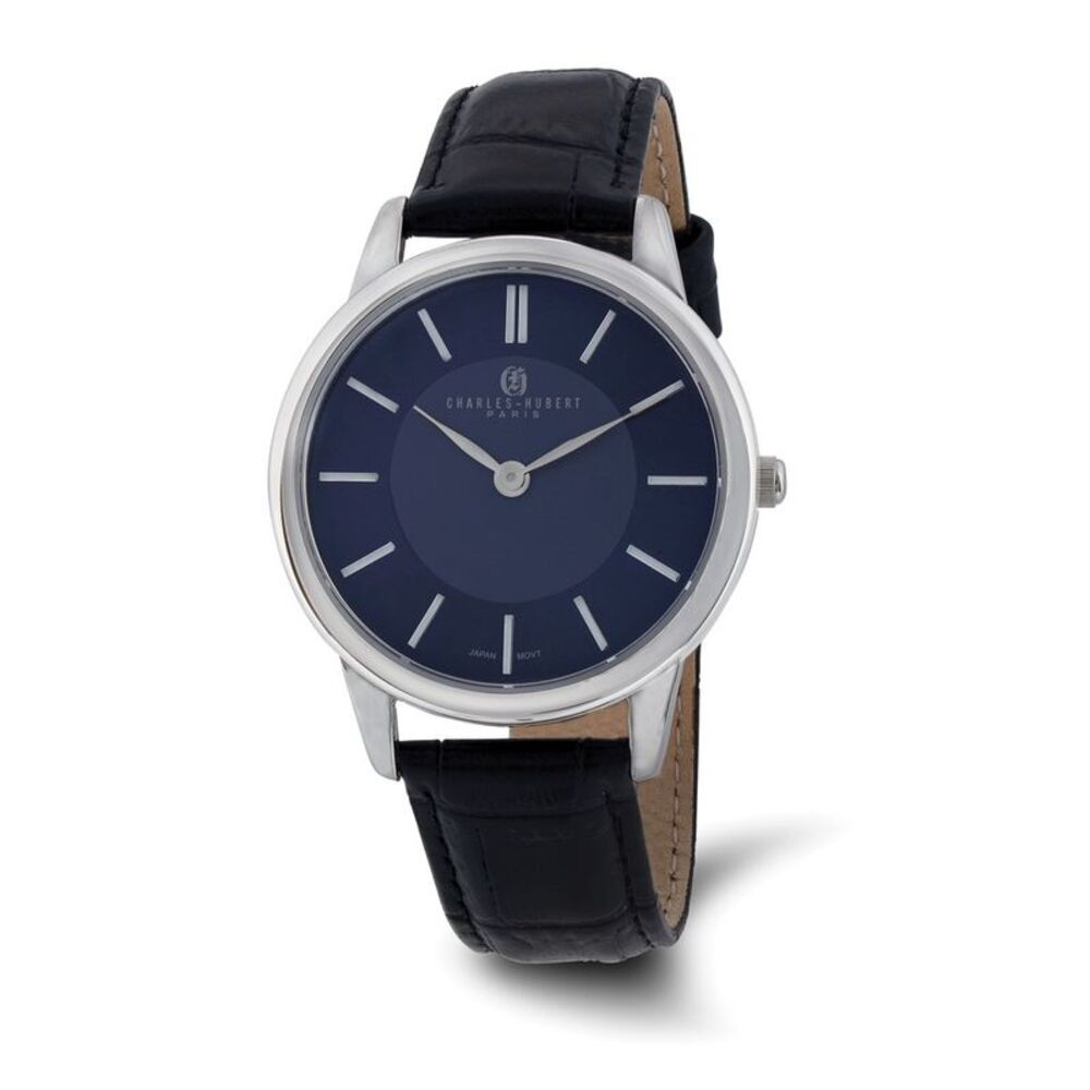 Charles Hubert Mens Stainless Steel Blue Dial Black Leather Watch